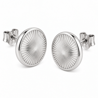 [metal:white-gold] Cressida Sunburst Disc Studs — three-quarter — Cressida Sunburst Disc Studs three-quarter design illustration [catalog-v4]