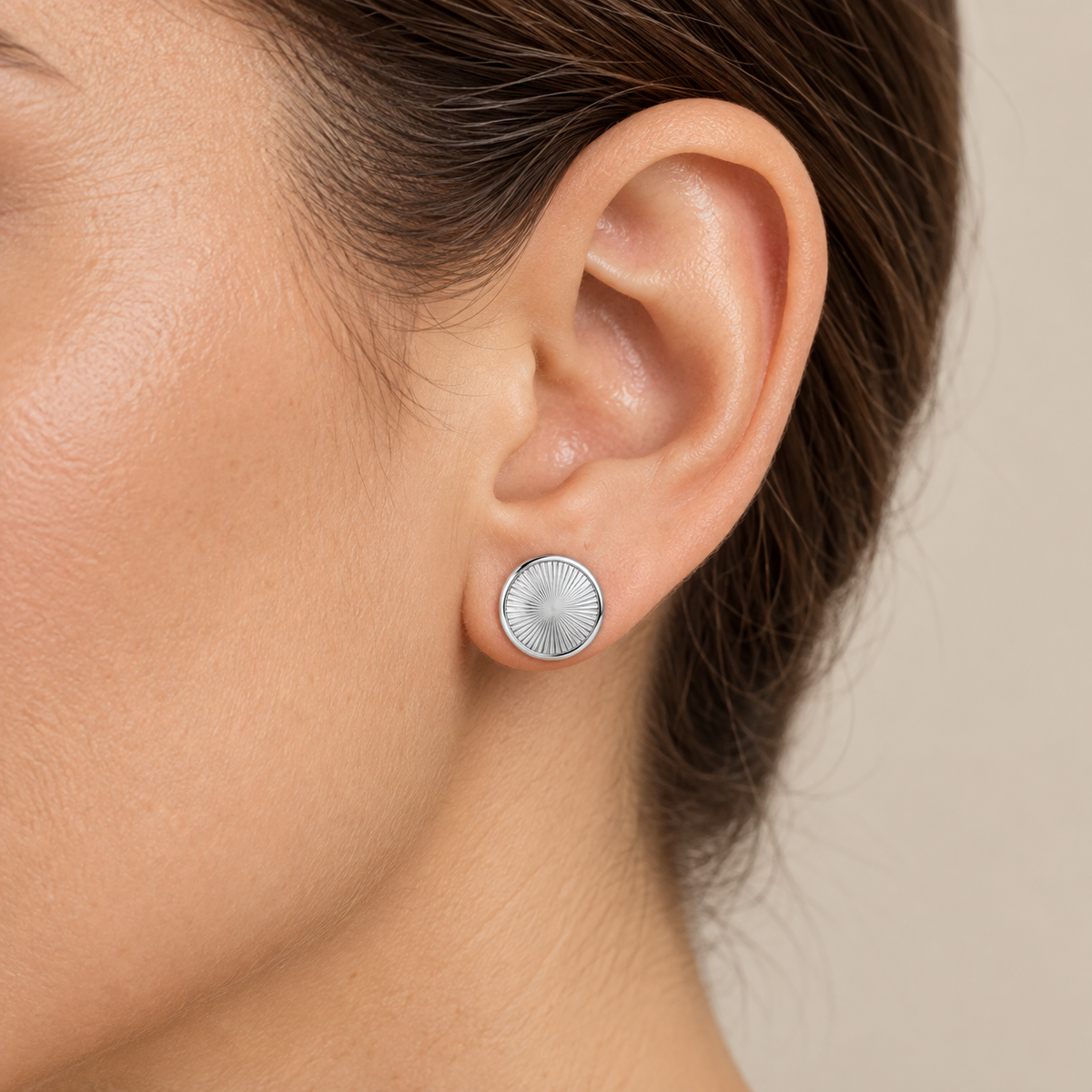 [metal:all] Cressida Sunburst Disc Studs — worn — Human-worn styling illustration [catalog-v4]