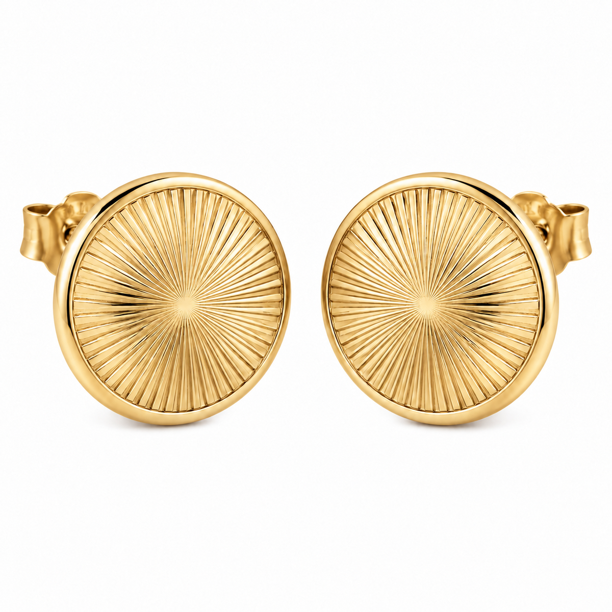 [metal:yellow-gold] Cressida Sunburst Disc Studs — front — Cressida Sunburst Disc Studs front design illustration [catalog-v4]