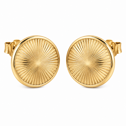 [metal:yellow-gold] Cressida Sunburst Disc Studs — front — Cressida Sunburst Disc Studs front design illustration [catalog-v4]