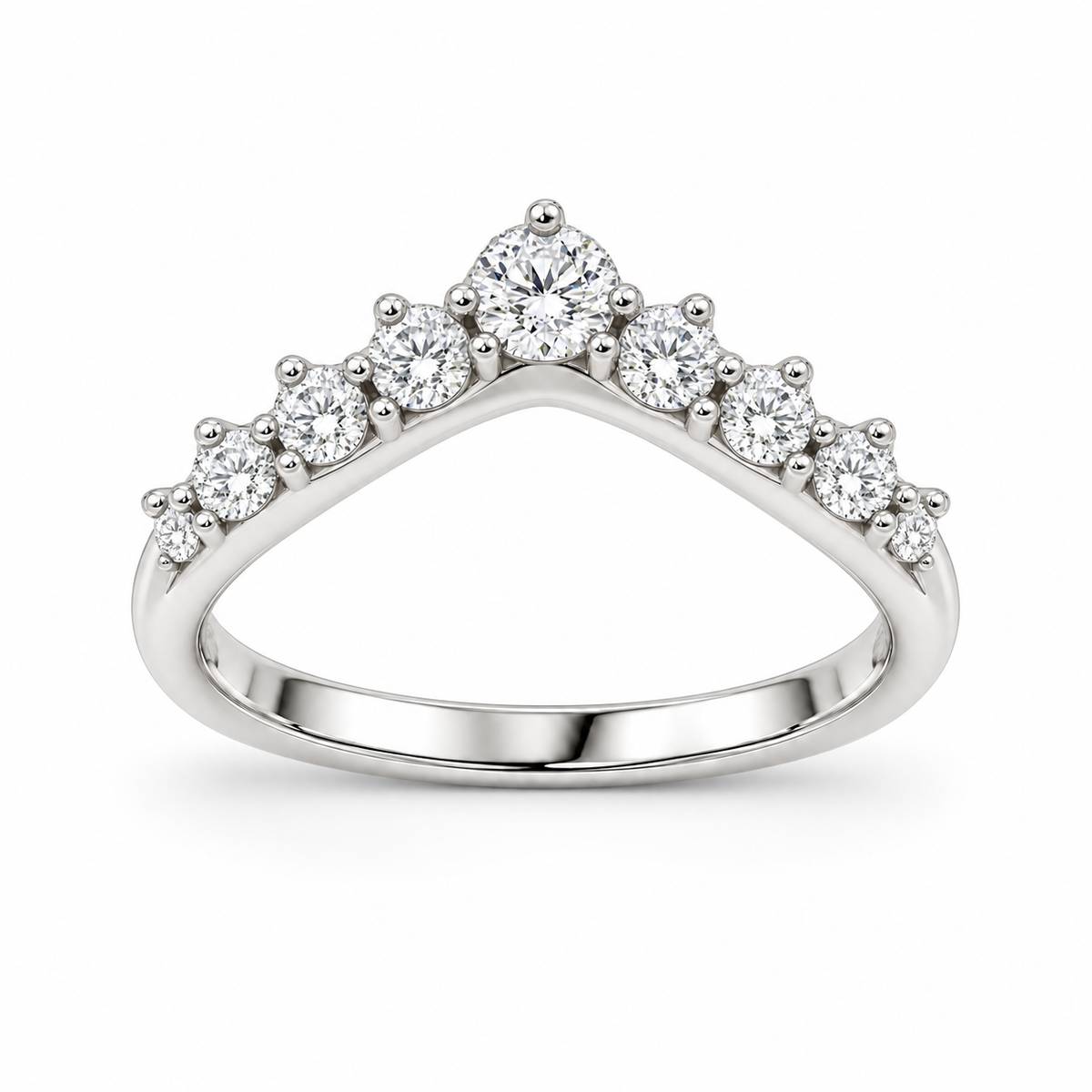 [metal:white-gold] Dahlia Crown Diamond Ring — front — Graduated round diamond crown band, shallow front studio view [catalog-v4]
