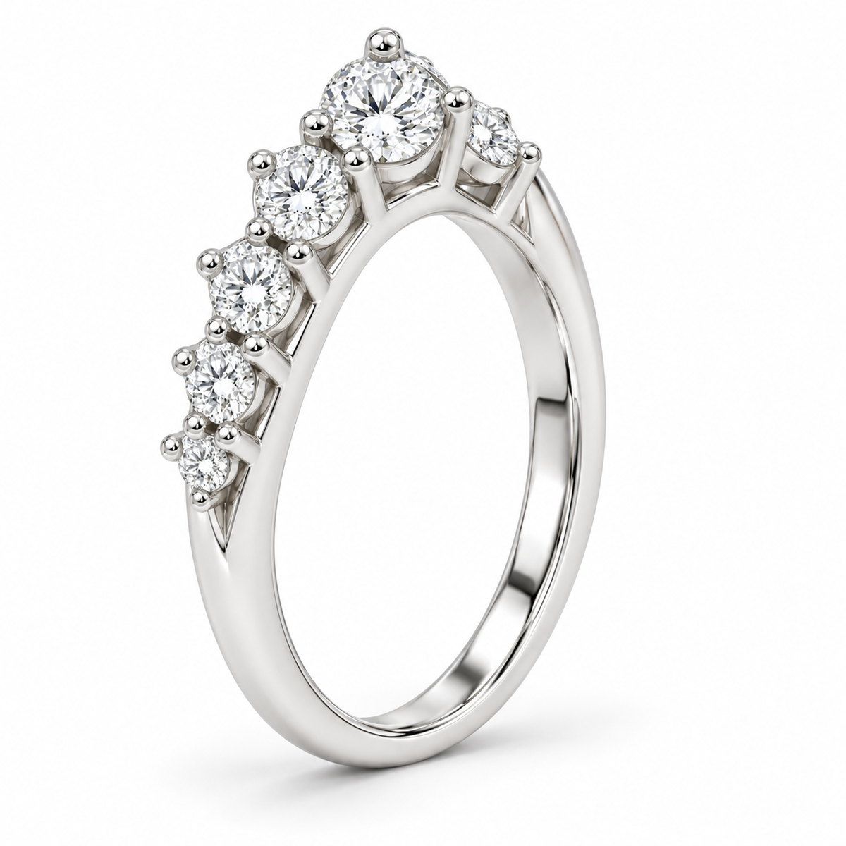 [metal:white-gold] Dahlia Crown Diamond Ring — three-quarter — Graduated round diamond crown band, standing oblique studio view [catalog-v4]