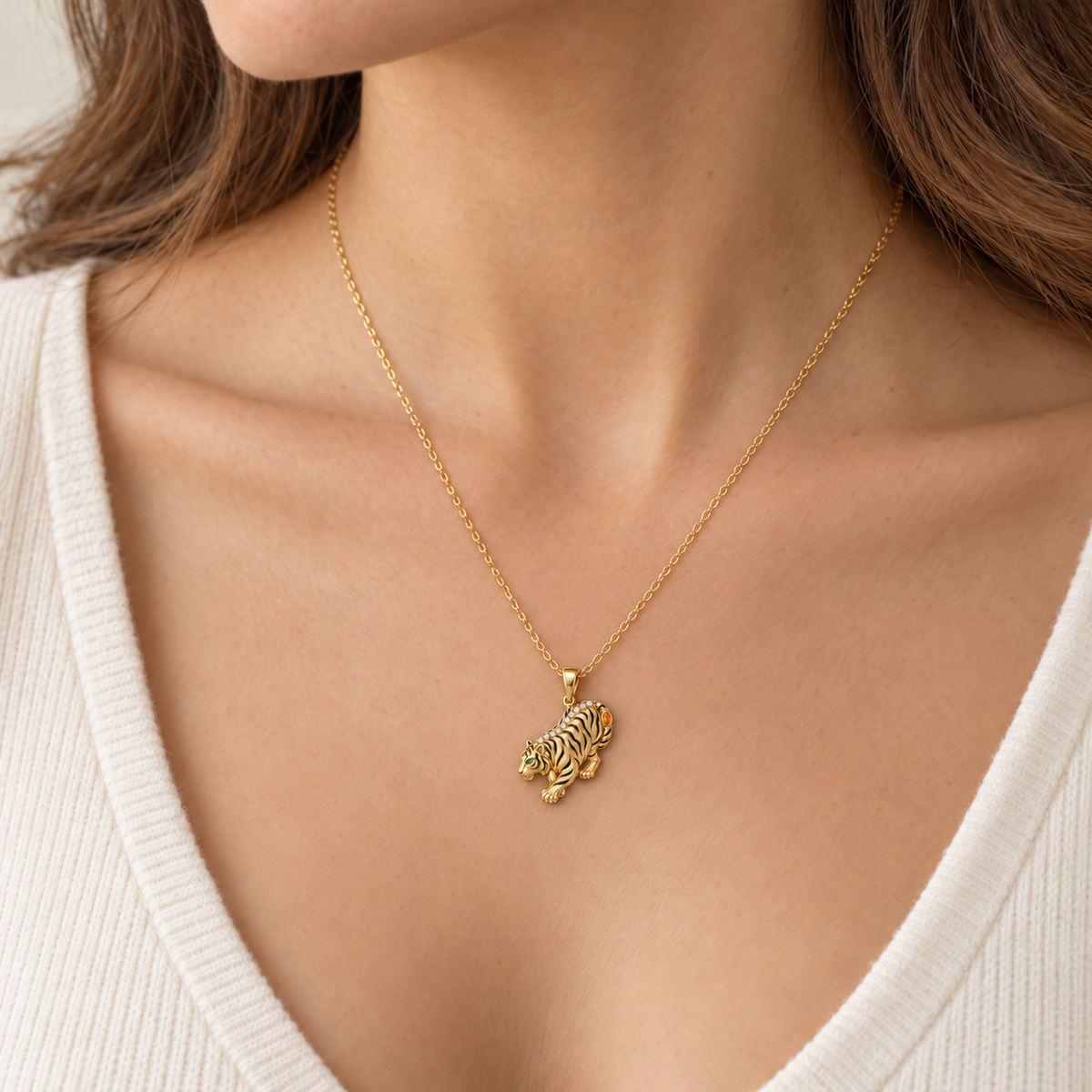 Damar Tiger Pendant — worn view — [metal:all] — Model styling:19-inch (48.3 cm) chain; pendant sold separately