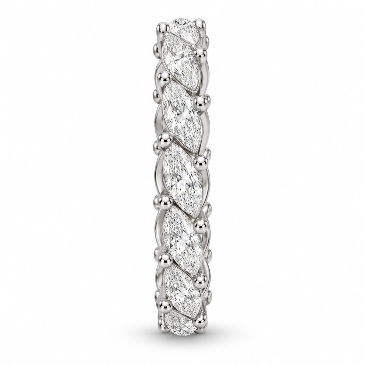 [metal:white-gold] Daphne Marquise Eternity Ring — side-profile — Marquise diamond eternity ring, edge profile studio view [catalog-v4]