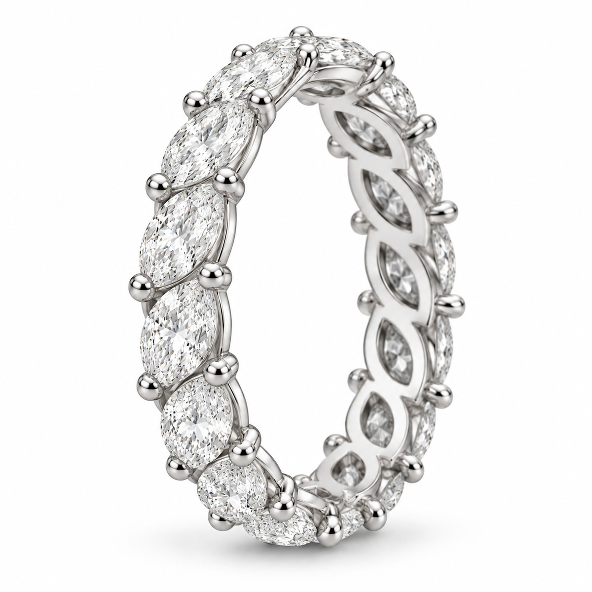 [metal:white-gold] Daphne Marquise Eternity Ring — three-quarter — Marquise diamond eternity ring, standing oblique studio view [catalog-v4]