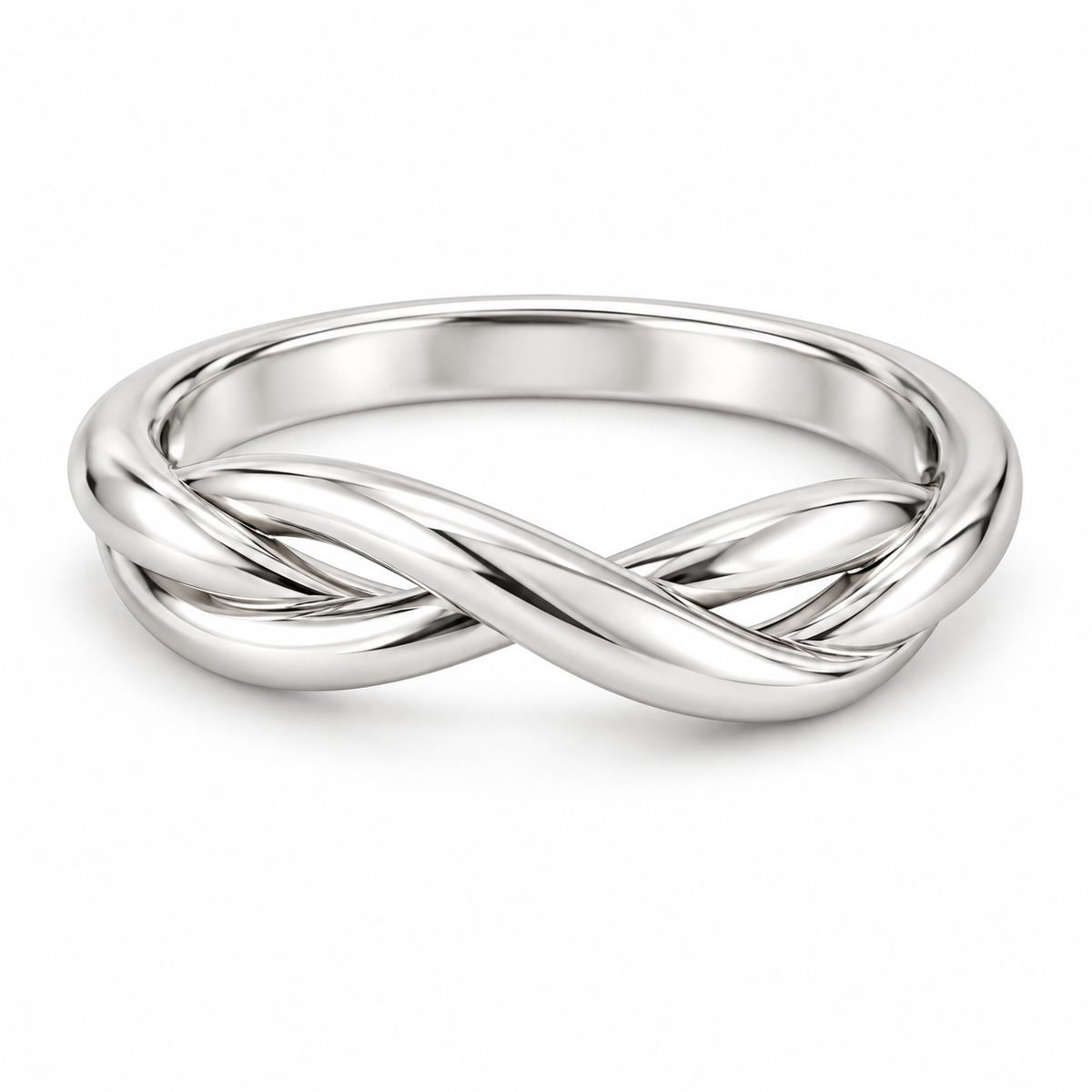 [metal:white-gold] Dione Twisted Ring — front — Two intertwined polished strands, shallow front studio view [catalog-v4]
