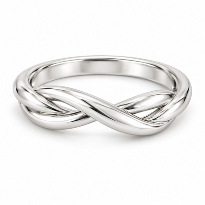 [metal:white-gold] Dione Twisted Ring — front — Two intertwined polished strands, shallow front studio view [catalog-v4]
