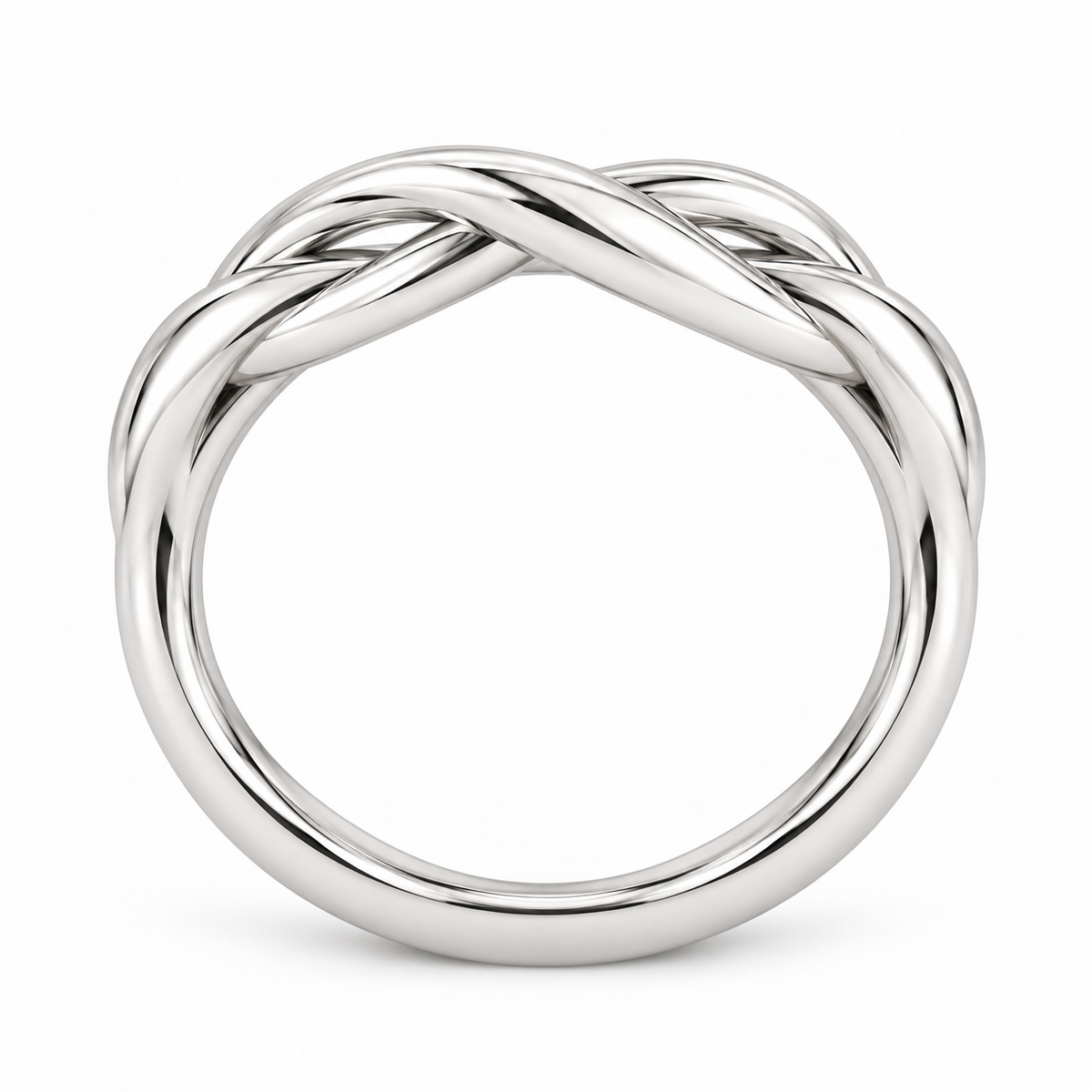 [metal:white-gold] Dione Twisted Ring — top — Two intertwined polished strands, circular elevation studio view [catalog-v4]