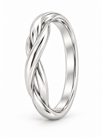 [metal:white-gold] Dione Twisted Ring — three-quarter — Two intertwined polished strands, standing oblique studio view [catalog-v4]