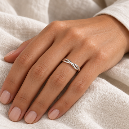 [metal:all] Dione Twisted Ring — worn — Human-worn styling illustration [catalog-v4]