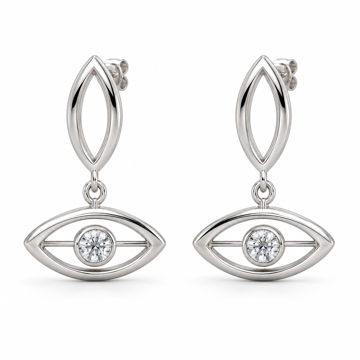 [metal:white-gold] Elarisse Twin Lens Earrings — front — Matching pair: each upper stud is a small vertical open pointed oval metal lens; a tiny jump ring suspends a second identical lens below it turned horizontal. Exactly one round diamond in a tiny full bezel at centre of lower horizontal lens, short horizontal struts support bezel. Straight post on upper lens, butterfly back. [catalog-v4]