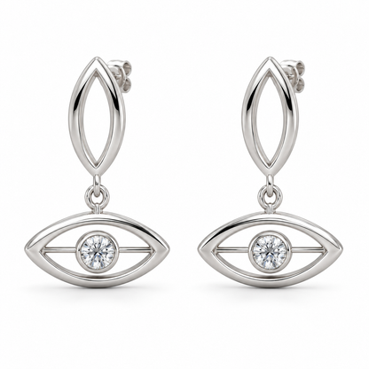 [metal:white-gold] Elarisse Twin Lens Earrings — front — Matching pair: each upper stud is a small vertical open pointed oval metal lens; a tiny jump ring suspends a second identical lens below it turned horizontal. Exactly one round diamond in a tiny full bezel at centre of lower horizontal lens, short horizontal struts support bezel. Straight post on upper lens, butterfly back. [catalog-v4]