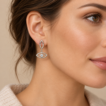 [metal:white-gold] Elarisse Twin Lens Earrings — worn — Same design shown worn [catalog-v4]