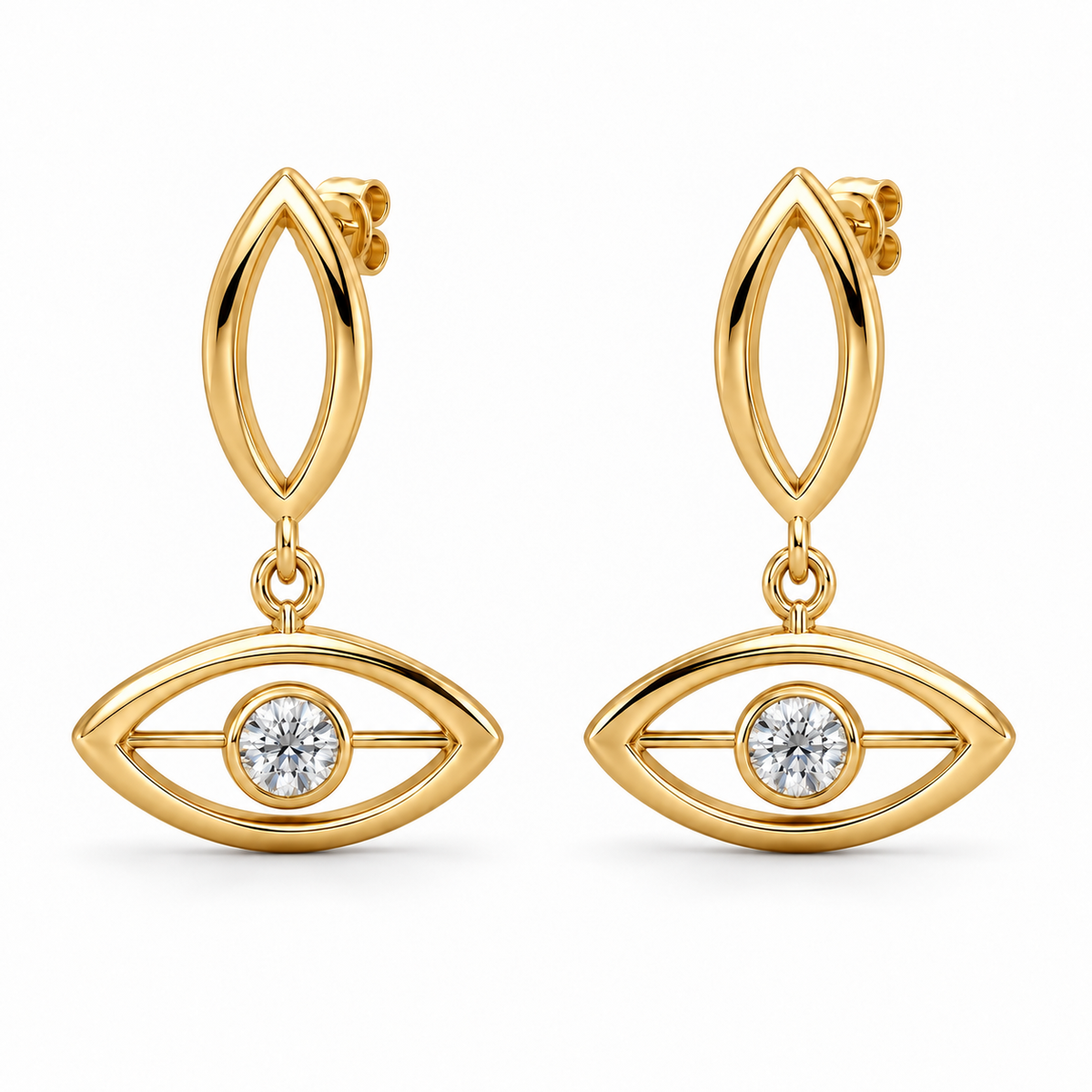 [metal:yellow-gold] Elarisse Twin Lens Earrings — front — Matching pair: each upper stud is a small vertical open pointed oval metal lens; a tiny jump ring suspends a second identical lens below it turned horizontal. Exactly one round diamond in a tiny full bezel at centre of lower horizontal lens, short horizontal struts support bezel. Straight post on upper lens, butterfly back. [catalog-v4]