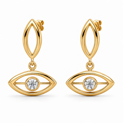 [metal:yellow-gold] Elarisse Twin Lens Earrings — front — Matching pair: each upper stud is a small vertical open pointed oval metal lens; a tiny jump ring suspends a second identical lens below it turned horizontal. Exactly one round diamond in a tiny full bezel at centre of lower horizontal lens, short horizontal struts support bezel. Straight post on upper lens, butterfly back. [catalog-v4]