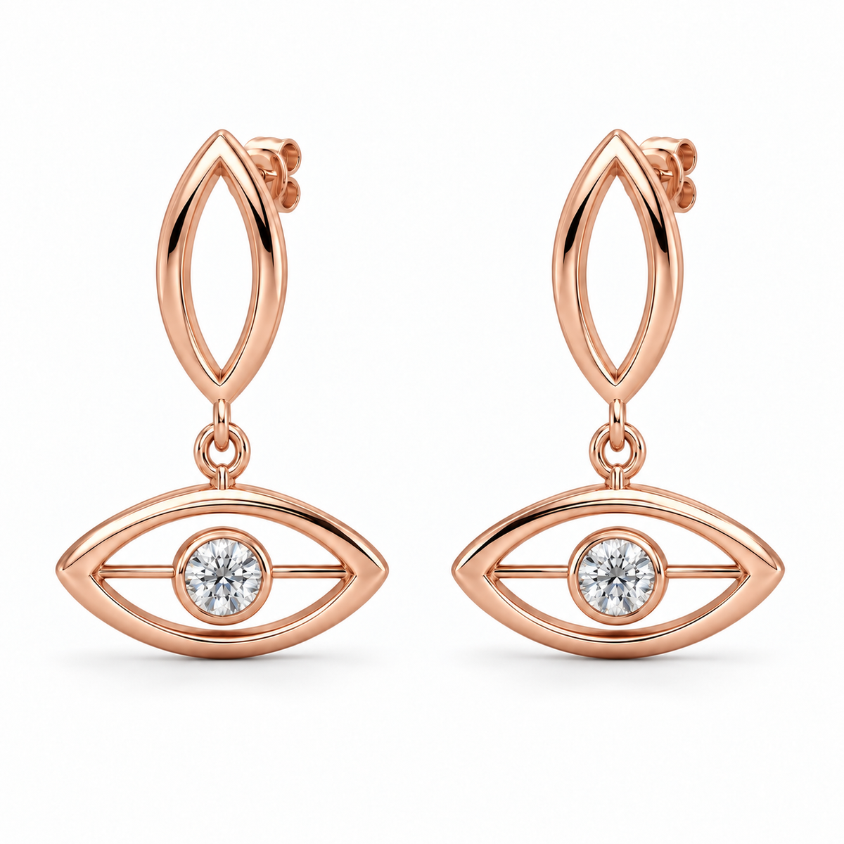 [metal:rose-gold] Elarisse Twin Lens Earrings — front — Matching pair: each upper stud is a small vertical open pointed oval metal lens; a tiny jump ring suspends a second identical lens below it turned horizontal. Exactly one round diamond in a tiny full bezel at centre of lower horizontal lens, short horizontal struts support bezel. Straight post on upper lens, butterfly back. [catalog-v4]