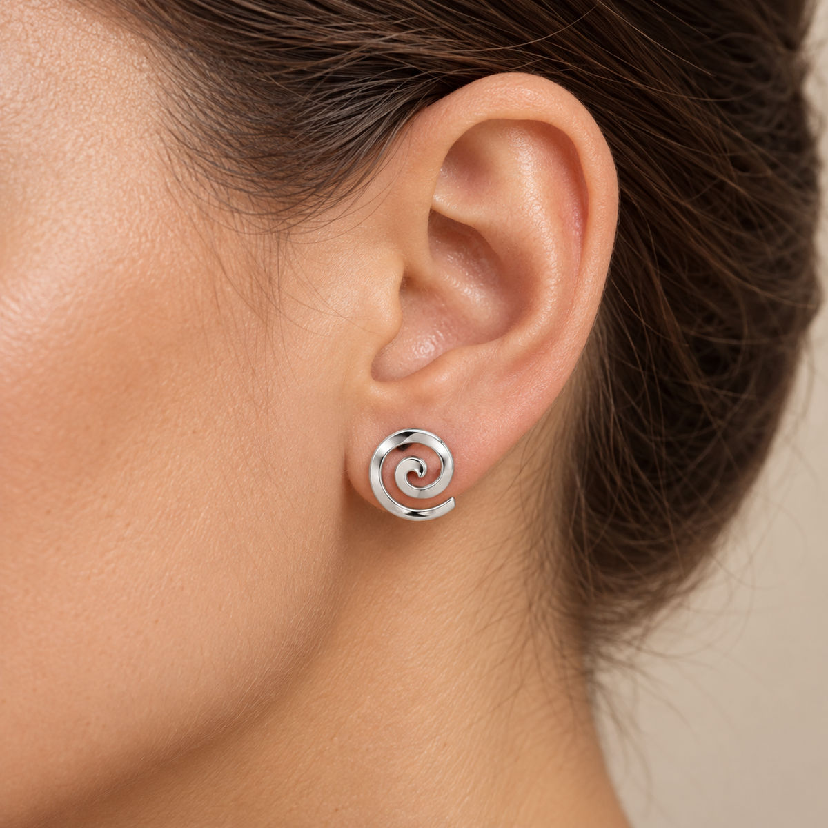 [metal:all] Elodie Spiral Studs — worn — Human-worn styling illustration [catalog-v4]