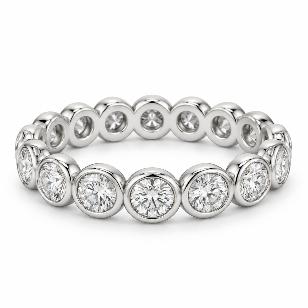 [metal:white-gold] Eloise Bezel Eternity Ring — front — Round diamond bezel eternity ring, shallow front studio view [catalog-v4]