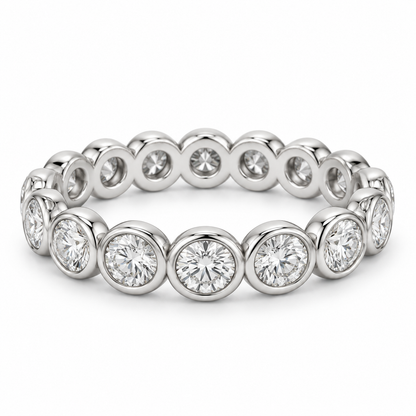 [metal:white-gold] Eloise Bezel Eternity Ring — front — Round diamond bezel eternity ring, shallow front studio view [catalog-v4]