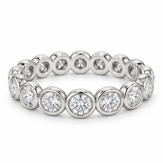 [metal:white-gold] Eloise Bezel Eternity Ring — front — Round diamond bezel eternity ring, shallow front studio view [catalog-v4]