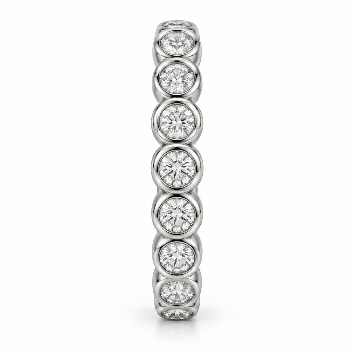 [metal:white-gold] Eloise Bezel Eternity Ring — side-profile — Round diamond bezel eternity ring, edge profile studio view [catalog-v4]