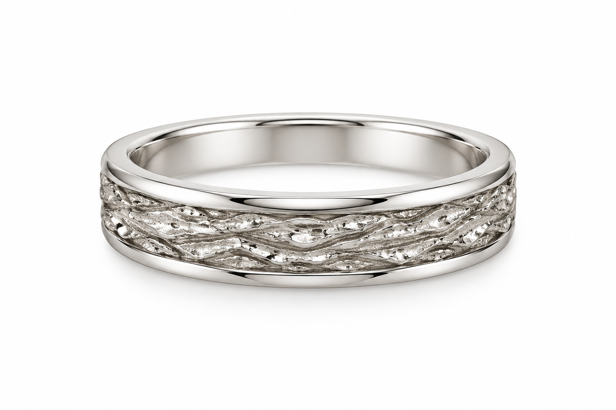 [metal:white-gold] Elowen Textured Ring — front — Organic bark texture with polished edges, shallow front studio view [catalog-v4]