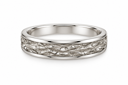 [metal:white-gold] Elowen Textured Ring — front — Organic bark texture with polished edges, shallow front studio view [catalog-v4]