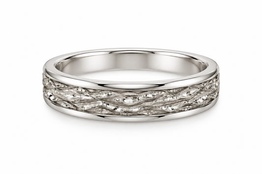 [metal:white-gold] Elowen Textured Ring — front — Organic bark texture with polished edges, shallow front studio view [catalog-v4]