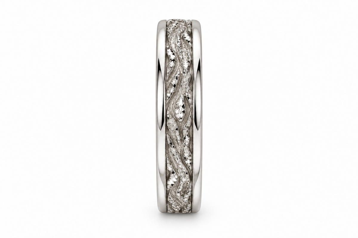 [metal:white-gold] Elowen Textured Ring — side-profile — Organic bark texture with polished edges, edge profile studio view [catalog-v4]