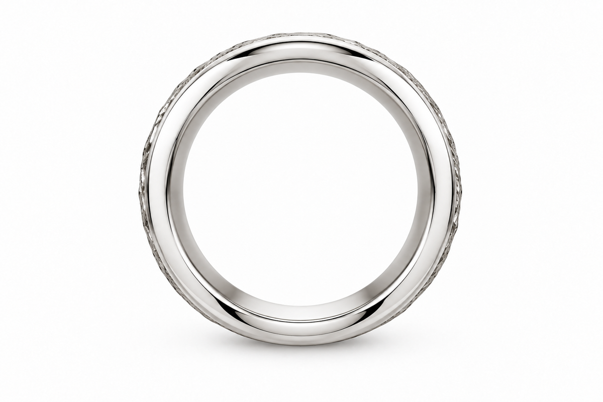 [metal:white-gold] Elowen Textured Ring — top — Organic bark texture with polished edges, circular elevation studio view [catalog-v4]