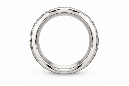 [metal:white-gold] Elowen Textured Ring — top — Organic bark texture with polished edges, circular elevation studio view [catalog-v4]