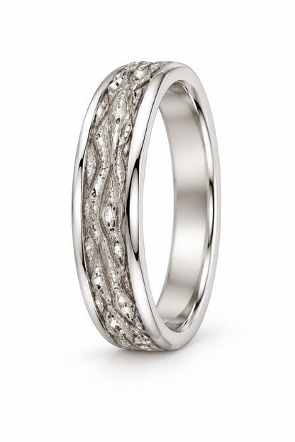 [metal:white-gold] Elowen Textured Ring — three-quarter — Organic bark texture with polished edges, standing oblique studio view [catalog-v4]