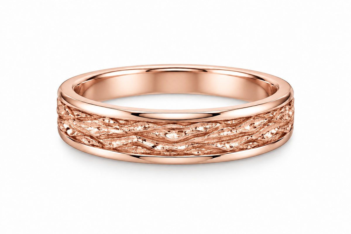 [metal:rose-gold] Elowen Textured Ring — front — Rose gold colour preview [catalog-v4]