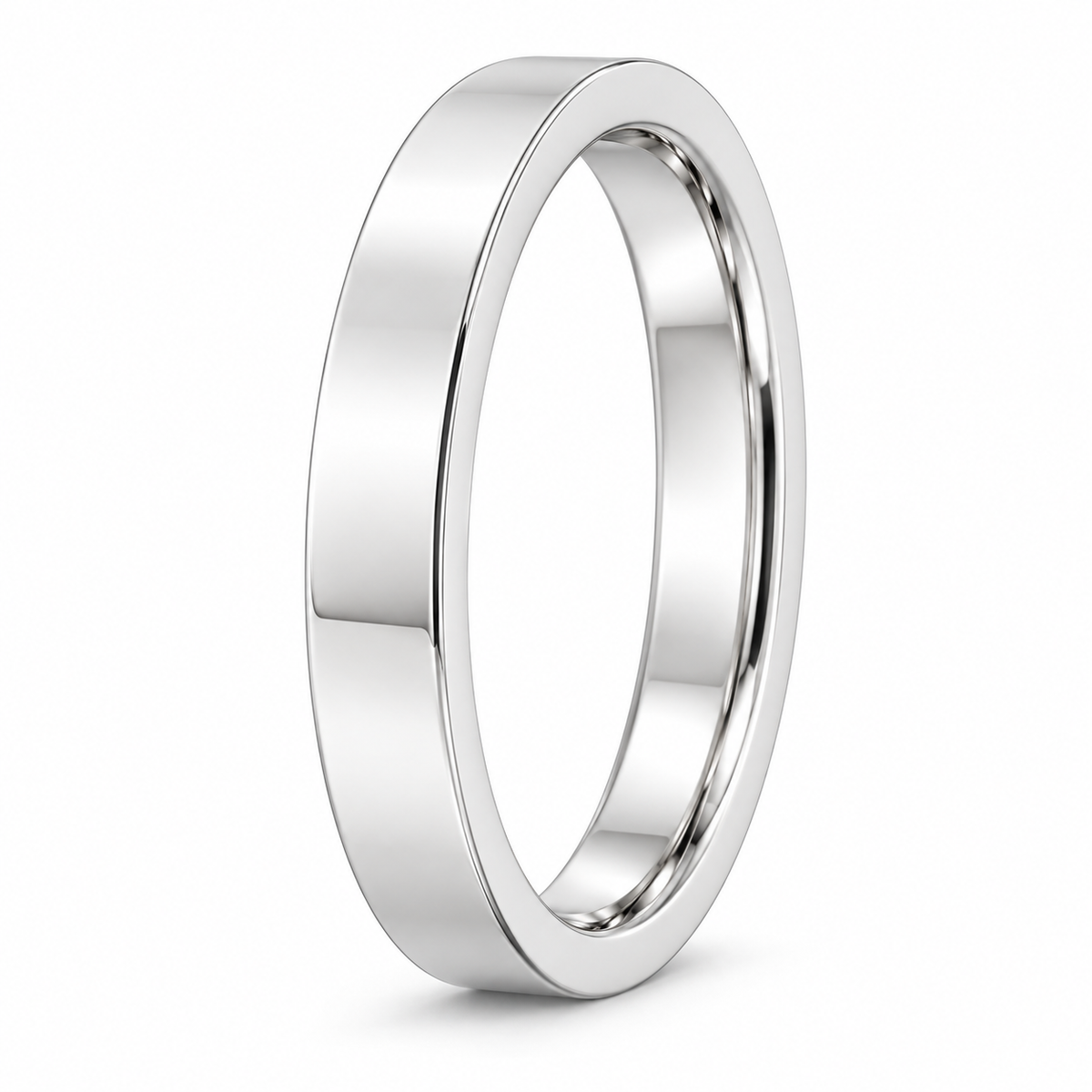 [metal:white-gold] Emmeline Flat Band — three-quarter — Flat-profile band, standing oblique studio view [catalog-v4]