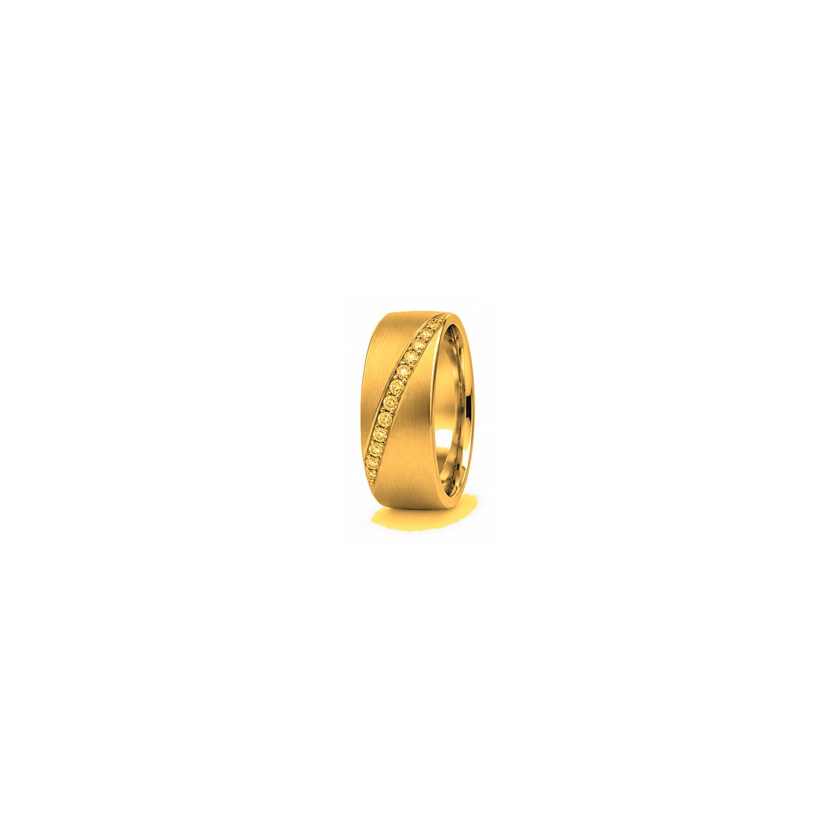 [metal:yellow-gold] Emrys Offset Diamond Band — yellow gold hero — illustrative catalogue render