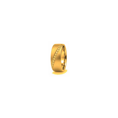 [metal:yellow-gold] Emrys Offset Diamond Band — yellow gold hero — illustrative catalogue render