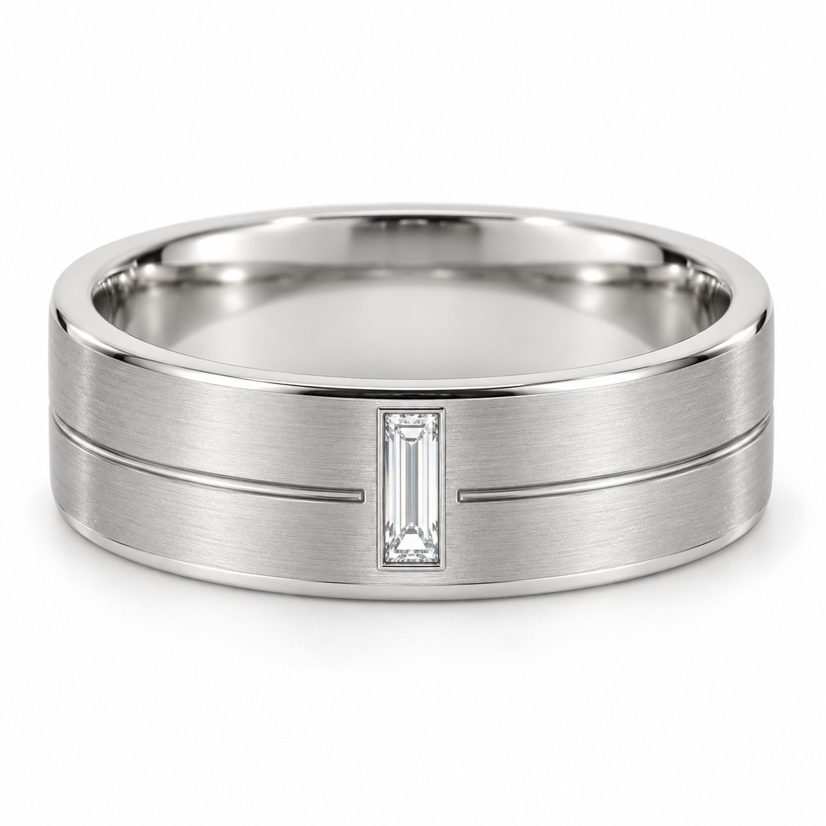 [metal:white-gold] Eryndor Twin-Groove Baguette Band — front — Mens 6 mm flat satin wedding band with exactly one small north-south baguette diamond flush-set at front. Two shallow fine horizontal grooves stop on either side of its rectangular bezel; grooves run round band. Smooth polished edges and circular comfort-fit interior. No other stones. [catalog-v4]