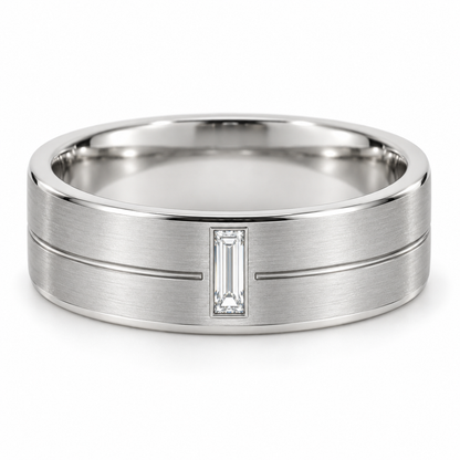 [metal:white-gold] Eryndor Twin-Groove Baguette Band — front — Mens 6 mm flat satin wedding band with exactly one small north-south baguette diamond flush-set at front. Two shallow fine horizontal grooves stop on either side of its rectangular bezel; grooves run round band. Smooth polished edges and circular comfort-fit interior. No other stones. [catalog-v4]