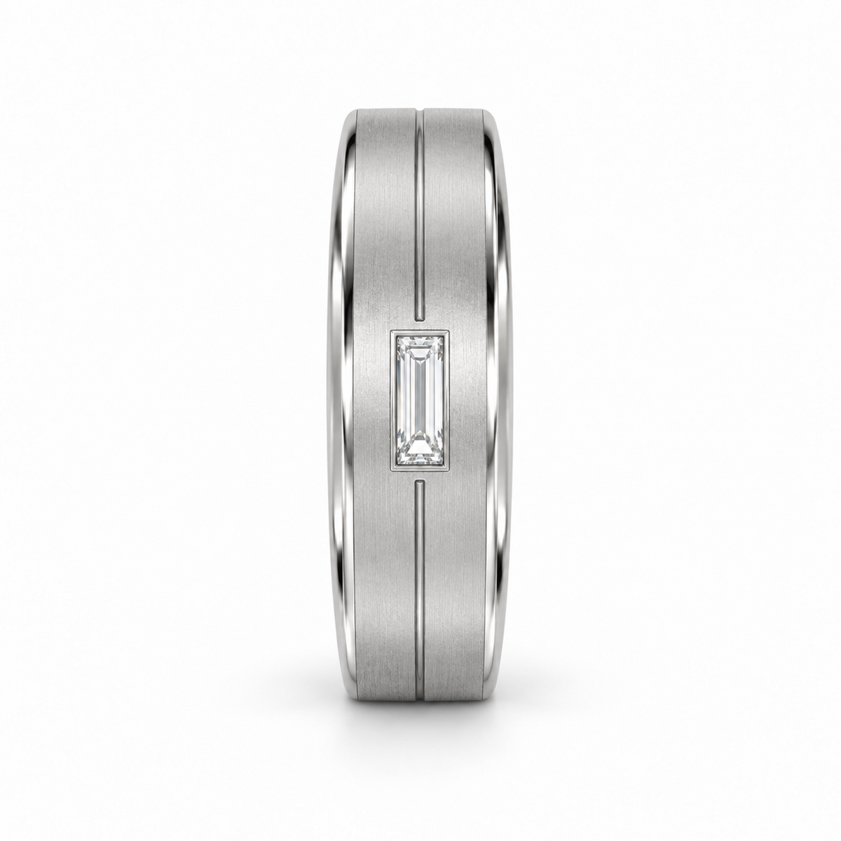 [metal:white-gold] Eryndor Twin-Groove Baguette Band — edge-profile — Same design shown edge profile [catalog-v4]