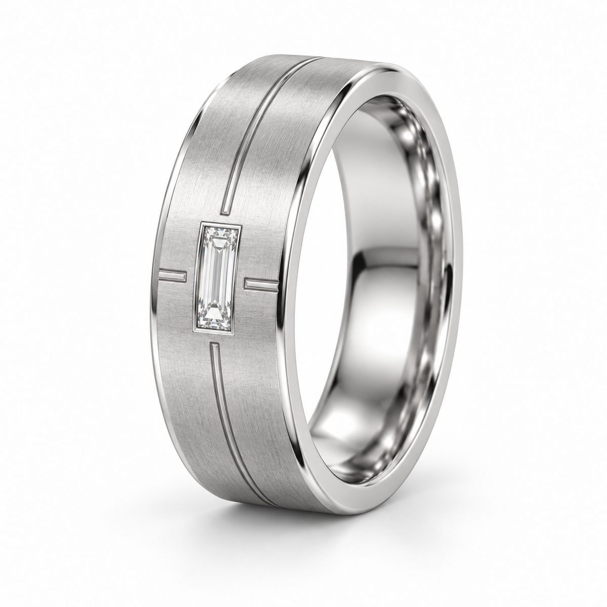 [metal:white-gold] Eryndor Twin-Groove Baguette Band — oblique — Same design shown oblique [catalog-v4]