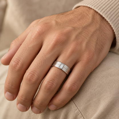 [metal:white-gold] Eryndor Twin-Groove Baguette Band — worn — Same design shown worn [catalog-v4]