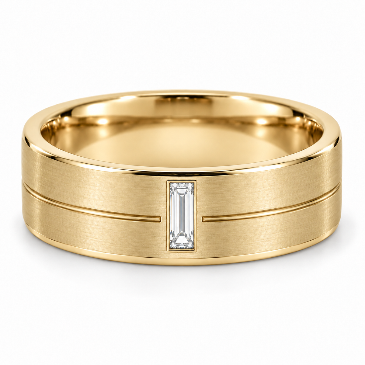 [metal:yellow-gold] Eryndor Twin-Groove Baguette Band — front — Mens 6 mm flat satin wedding band with exactly one small north-south baguette diamond flush-set at front. Two shallow fine horizontal grooves stop on either side of its rectangular bezel; grooves run round band. Smooth polished edges and circular comfort-fit interior. No other stones. [catalog-v4]