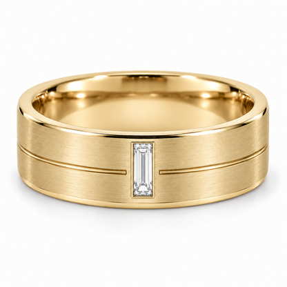 [metal:yellow-gold] Eryndor Twin-Groove Baguette Band — front — Mens 6 mm flat satin wedding band with exactly one small north-south baguette diamond flush-set at front. Two shallow fine horizontal grooves stop on either side of its rectangular bezel; grooves run round band. Smooth polished edges and circular comfort-fit interior. No other stones. [catalog-v4]