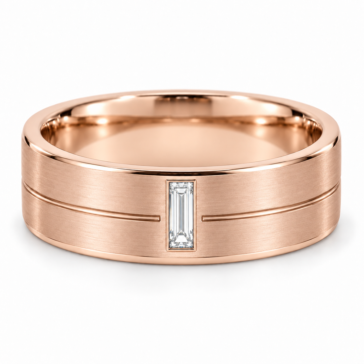 [metal:rose-gold] Eryndor Twin-Groove Baguette Band — front — Mens 6 mm flat satin wedding band with exactly one small north-south baguette diamond flush-set at front. Two shallow fine horizontal grooves stop on either side of its rectangular bezel; grooves run round band. Smooth polished edges and circular comfort-fit interior. No other stones. [catalog-v4]