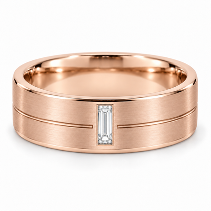 [metal:rose-gold] Eryndor Twin-Groove Baguette Band — front — Mens 6 mm flat satin wedding band with exactly one small north-south baguette diamond flush-set at front. Two shallow fine horizontal grooves stop on either side of its rectangular bezel; grooves run round band. Smooth polished edges and circular comfort-fit interior. No other stones. [catalog-v4]
