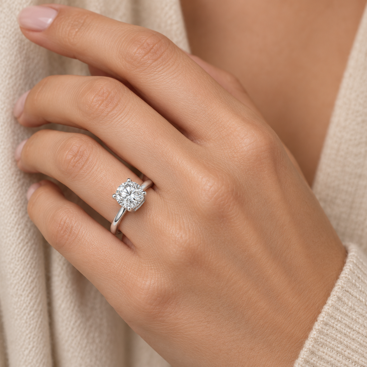 [metal:white-gold] Esmeria Lantern Solitaire Setting — worn — Same design shown worn [catalog-v4]