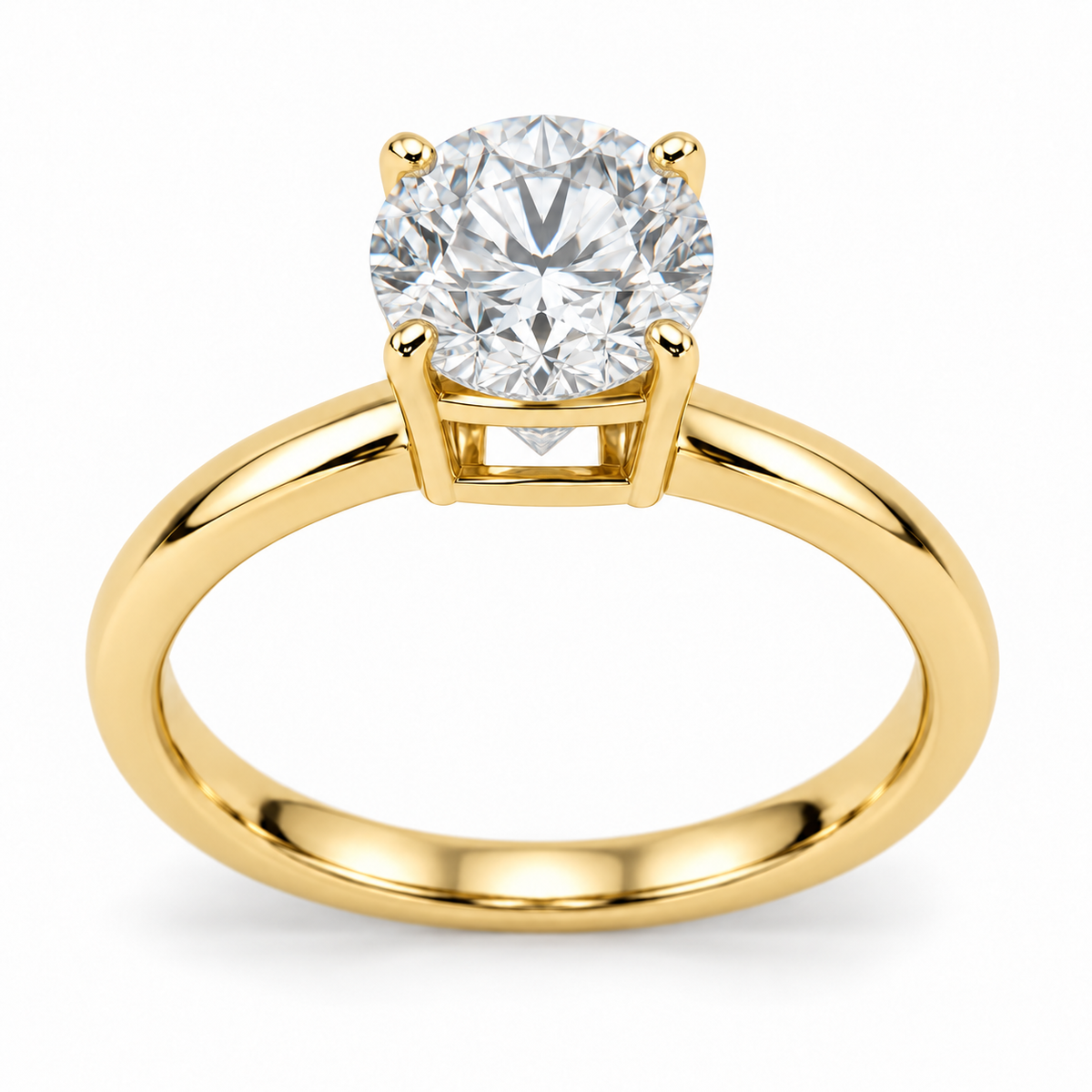 [metal:yellow-gold] Esmeria Lantern Solitaire Setting — front — One round centre in four claws above a compact rectangular lantern basket: four straight corner pillars, a fine upper girdle rail and a flat lower bridge, four rectangular open side windows. Plain 2 mm rounded shank, no shoulder diamonds, no split shank. [catalog-v4]