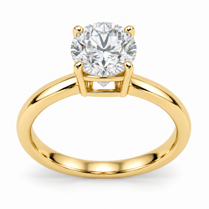 [metal:yellow-gold] Esmeria Lantern Solitaire Setting — front — One round centre in four claws above a compact rectangular lantern basket: four straight corner pillars, a fine upper girdle rail and a flat lower bridge, four rectangular open side windows. Plain 2 mm rounded shank, no shoulder diamonds, no split shank. [catalog-v4]