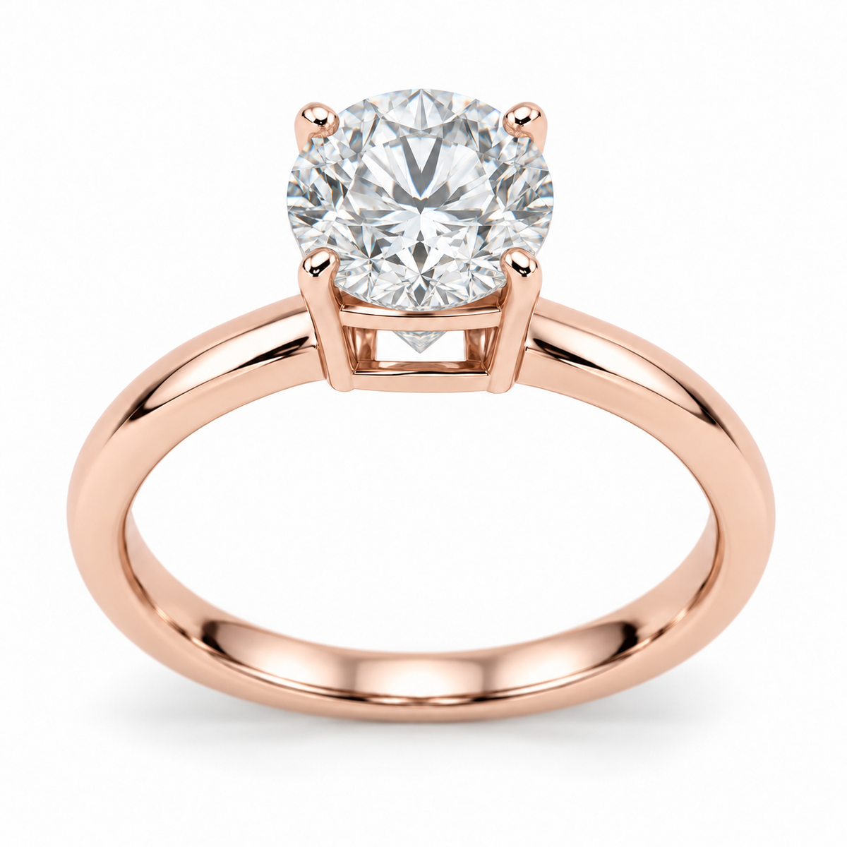 [metal:rose-gold] Esmeria Lantern Solitaire Setting — front — One round centre in four claws above a compact rectangular lantern basket: four straight corner pillars, a fine upper girdle rail and a flat lower bridge, four rectangular open side windows. Plain 2 mm rounded shank, no shoulder diamonds, no split shank. [catalog-v4]
