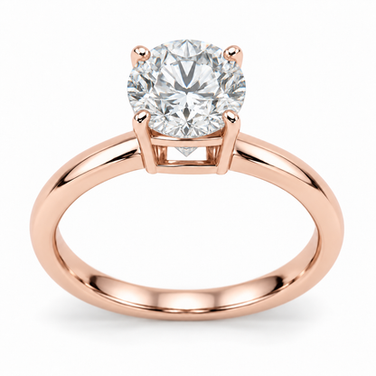 [metal:rose-gold] Esmeria Lantern Solitaire Setting — front — One round centre in four claws above a compact rectangular lantern basket: four straight corner pillars, a fine upper girdle rail and a flat lower bridge, four rectangular open side windows. Plain 2 mm rounded shank, no shoulder diamonds, no split shank. [catalog-v4]
